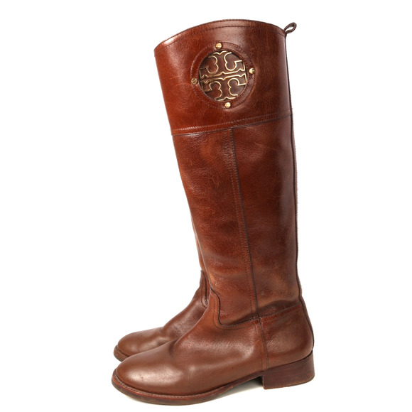 TORY BURCH Kiernan Riding Brown Leather Logo Knee High Boots Size 7M - Picture 4 of 16
